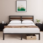 Zinus Kai Double Bed Frame with Headboard (135 x 190 cm) – Bamboo and Metal Bed Frame with Steel Slat Support, Easy Assembly – Black & Brown