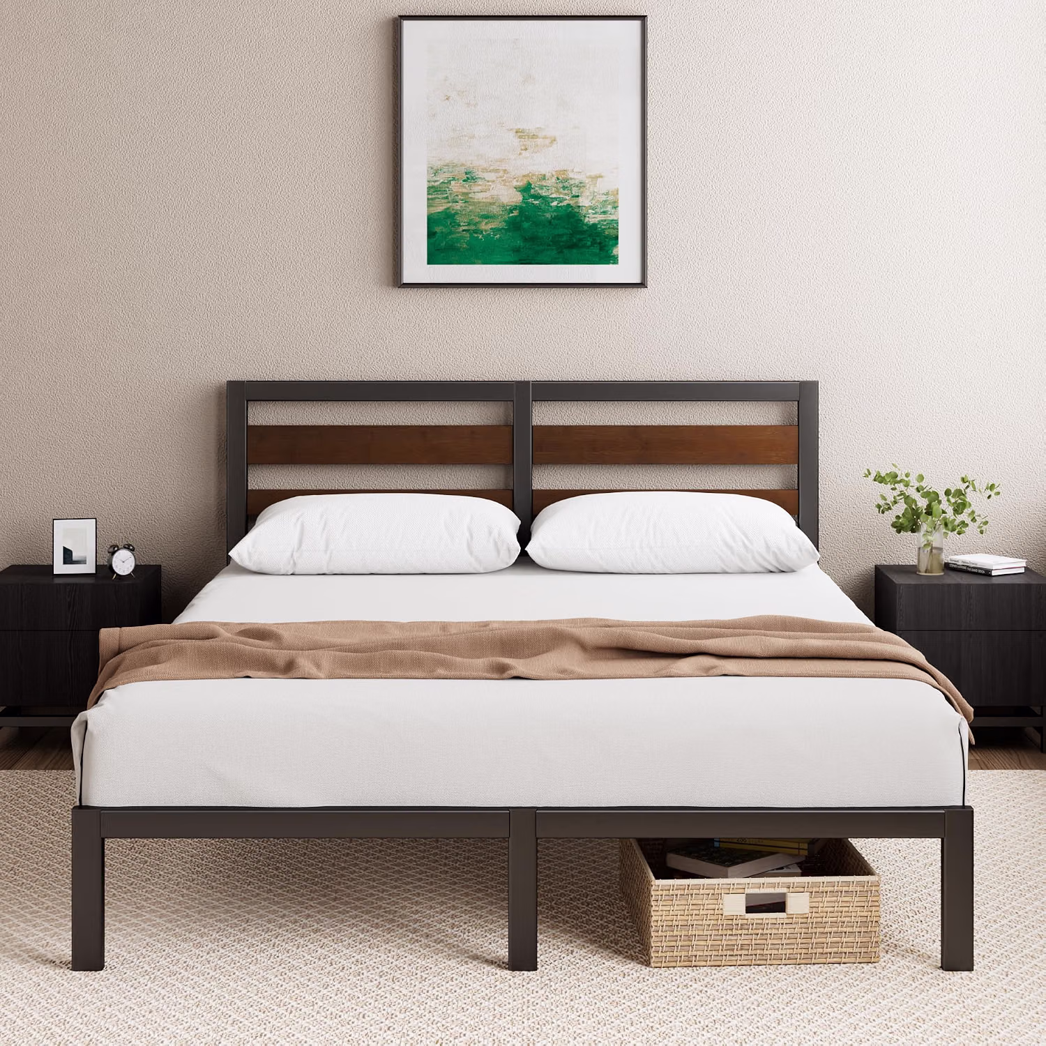 Zinus Kai Double Bed Frame with Headboard (135 x 190 cm) – Bamboo and Metal Bed Frame with Steel Slat Support, Easy Assembly – Black & Brown