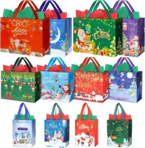 12 Pack Christmas Bags With Tissue Paper Assorted Size Christmas Tote Bag For Gi