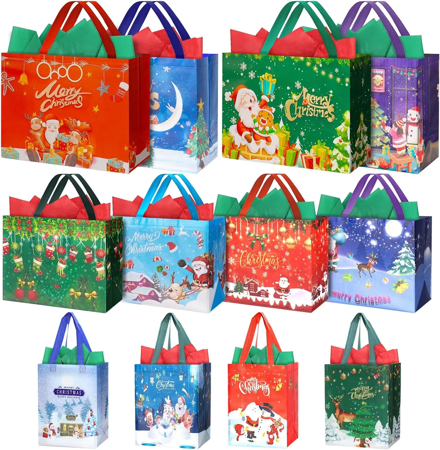 12 Pack Christmas Bags With Tissue Paper Assorted Size Christmas Tote Bag For Gi