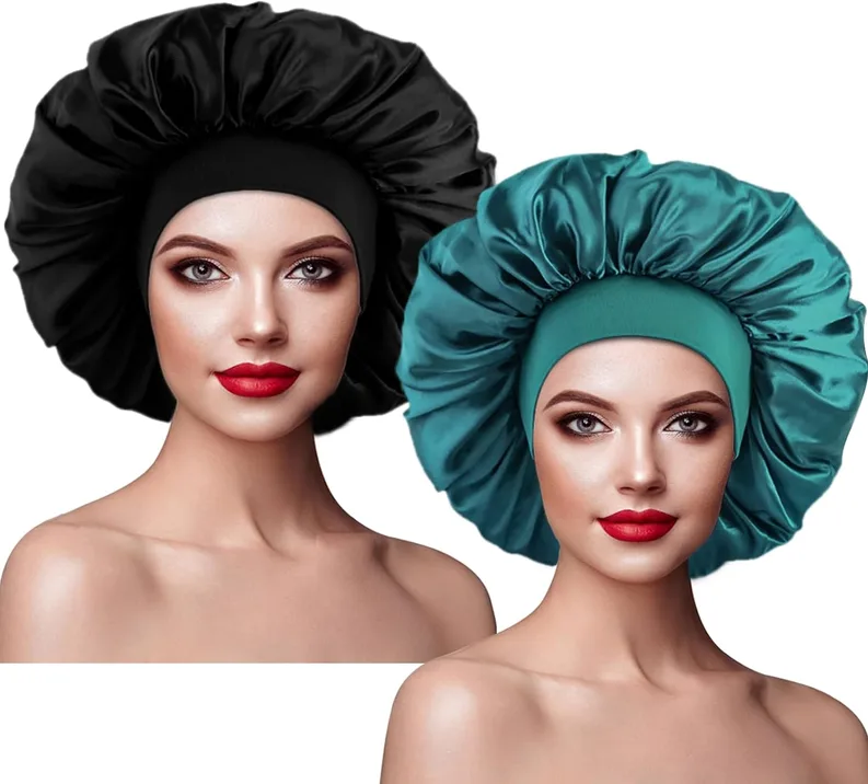 2 Pack Satin Bonnet With Wide Elastic Band Silky Bonnets Hat