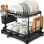 2 Tier Dish Drainer Rack for Kitchen, Stainless Steel Dish Drying Rack with Drip Tray, Plate, Cup, Utensil & Chopping Board Holders, Space Saving Sink Drainer Rack, White Worktop Organiser