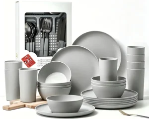 24 Piece Grey Unbreakable Plastic Dinnerware Set For 8 Bpa Free Food Grade Pp Pl