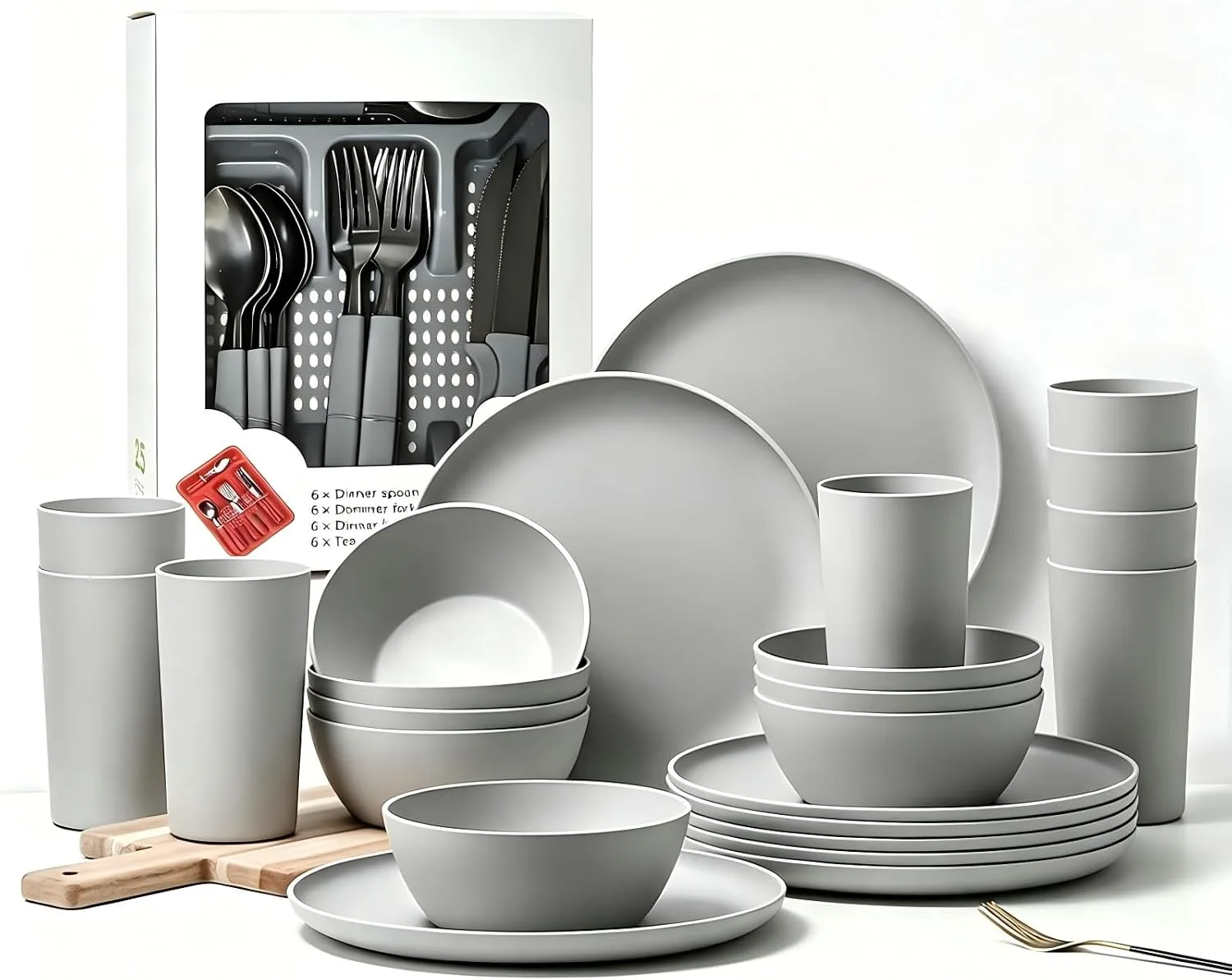 24 Piece Grey Unbreakable Plastic Dinnerware Set For 8 Bpa Free Food Grade Pp Pl