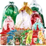 40Pcs Christmas Drawstring Gift Bags, Reusable Xmas Foil Gift Bags for Presents, Christmas Pull String Foil Bags, 15 Design Large Medium Small Drawstring Wrapping Bag for Xmas Birthday Holiday Party