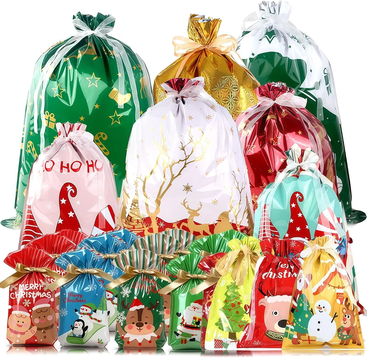 40pcs Christmas Drawstring Gift Bags Reusable Xmas Foil Gift Bags For Presents C