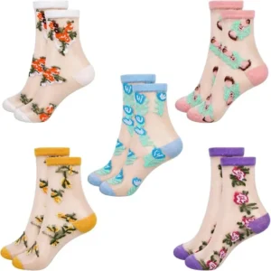 5 Pairs Lace Flower Mesh Socks For Women Floral Sheer Ankle Socks