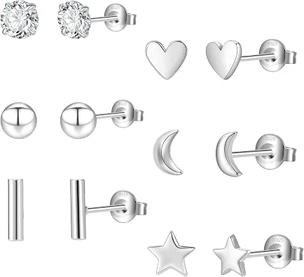 6pairs Silver Plated Studs Earrings Hypoallergenic Small Earrings Set