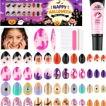 96Pcs Halloween Press on Nails, Fake Nails Full Cover Cute False Nails with Sweet Cute Glossy Stick on Nails for Girls Kids with Nail Glue