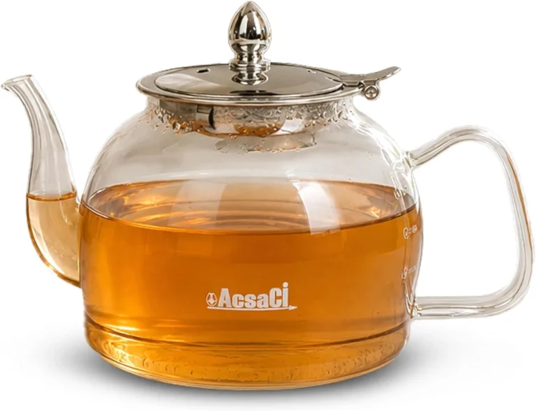 Addacsaci Premium Borosilicate Glass Tea Pot 1200ml Round Shape With Long Spout