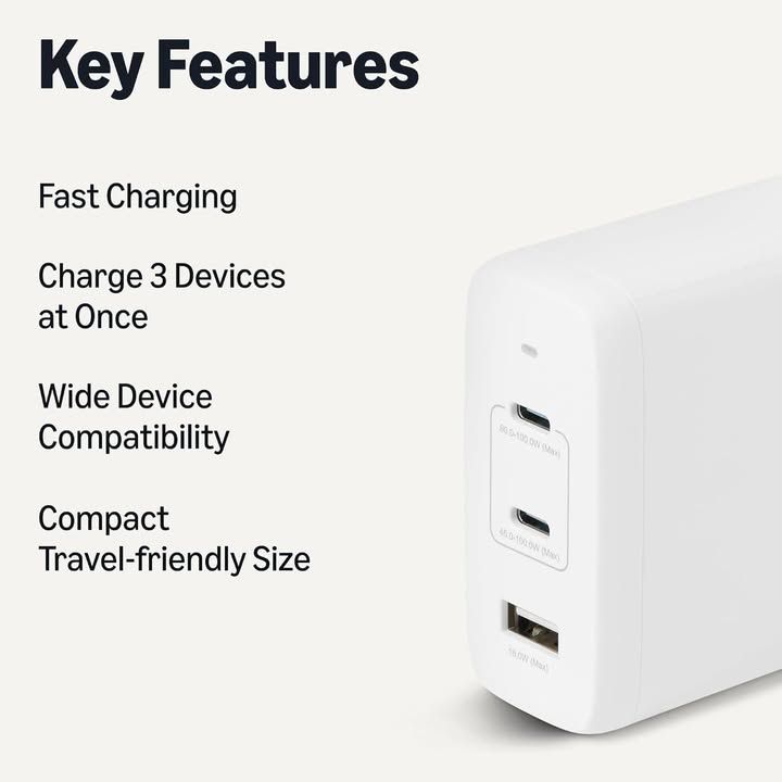 Amazon Basics Fast Charging USB C Nano Gan Wall Charger 120w 3 Port For Laptops