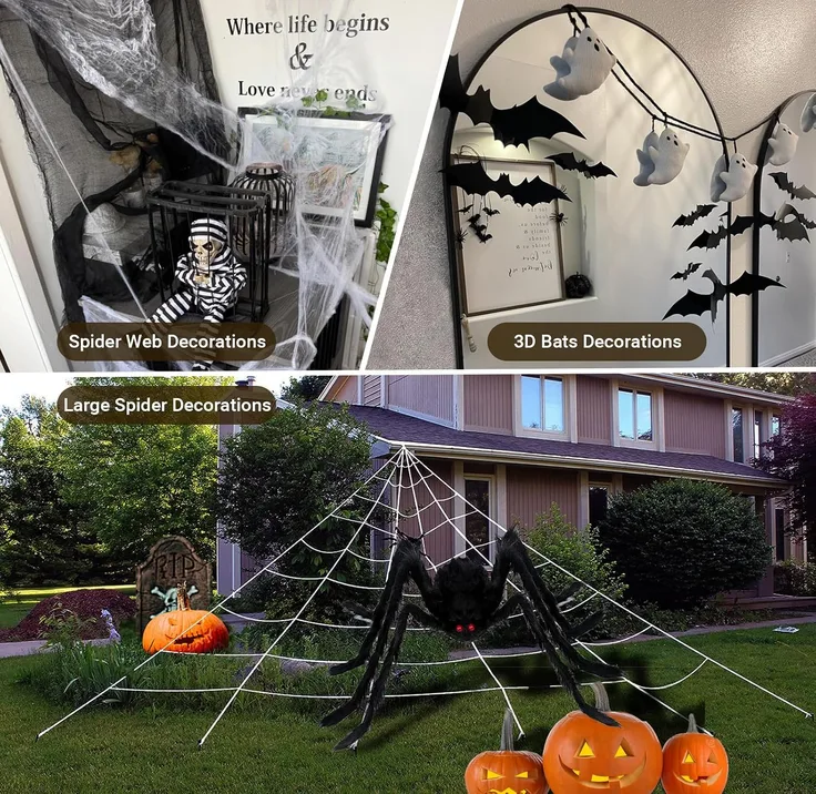 Amlooph Giant Spider Halloween Decorations Outdoor Indoor And Cobweb Bats
