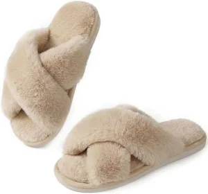 Ankis Women Slippers Fluffy Slippers Memory Foam Cross Band Furry Open Toe Slipp