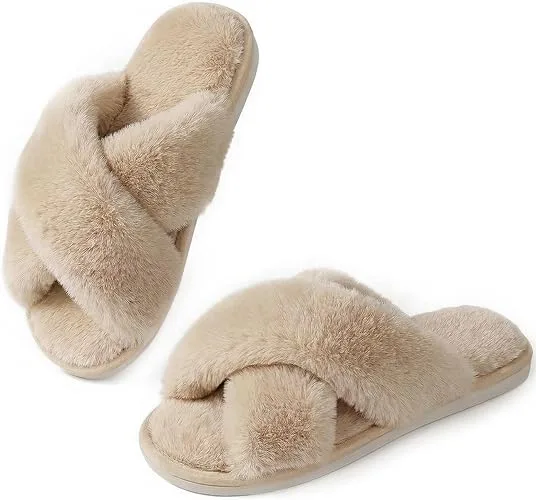 Ankis Women Slippers Fluffy Slippers Memory Foam Cross Band Furry Open Toe Slipp