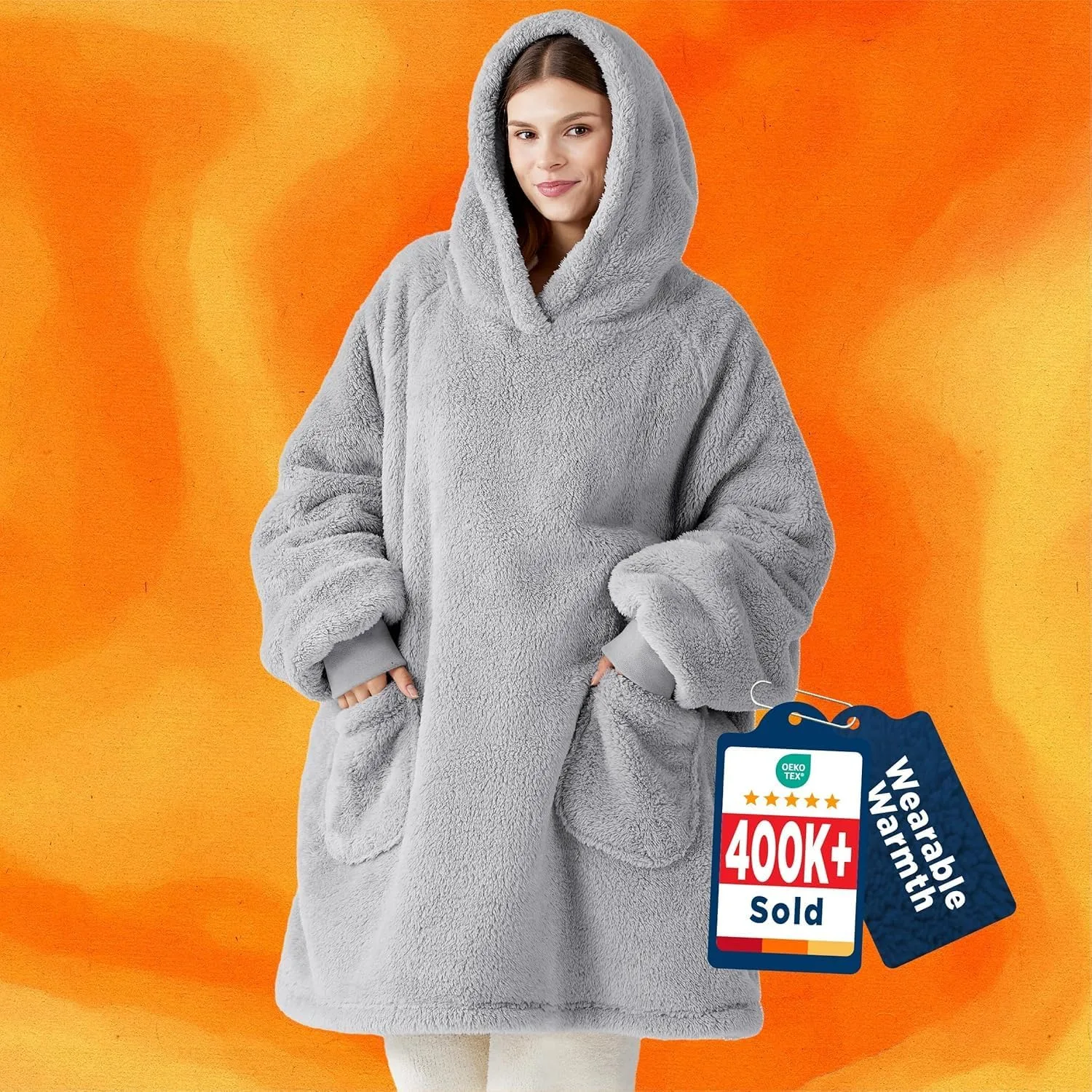 Bedsure Sherpa Wearable Blanket Hoodie Warm Cozy Standard Grey