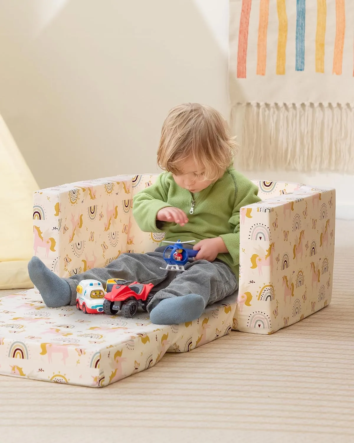 Bejoy Toddler Chair 2 In 1 Flip Out Kids Sofa Bed Beige With Unicorns