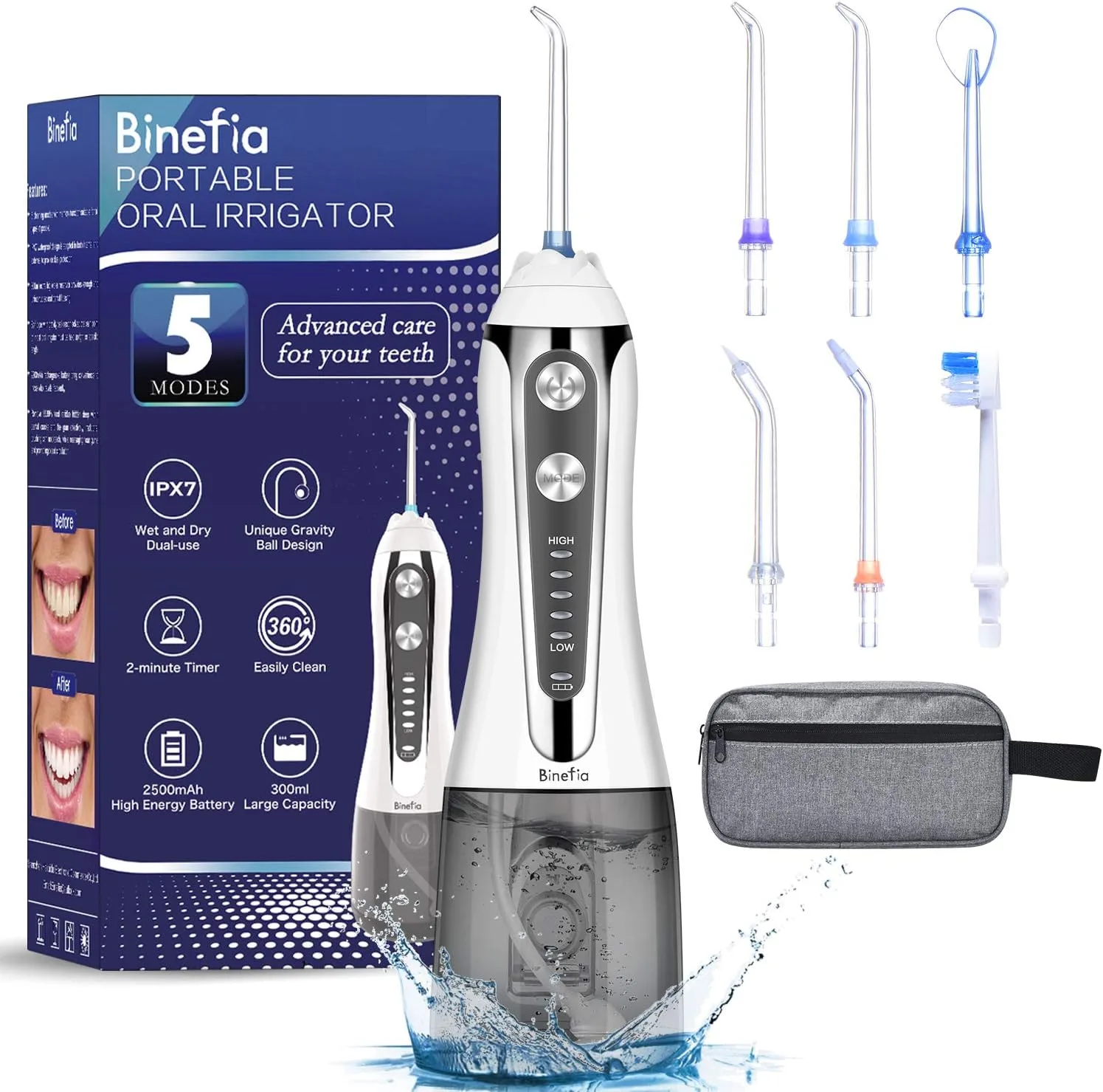 Binefia Water Flosser For Teeth Cordless With 5 Modes 360 Oral Irrigator