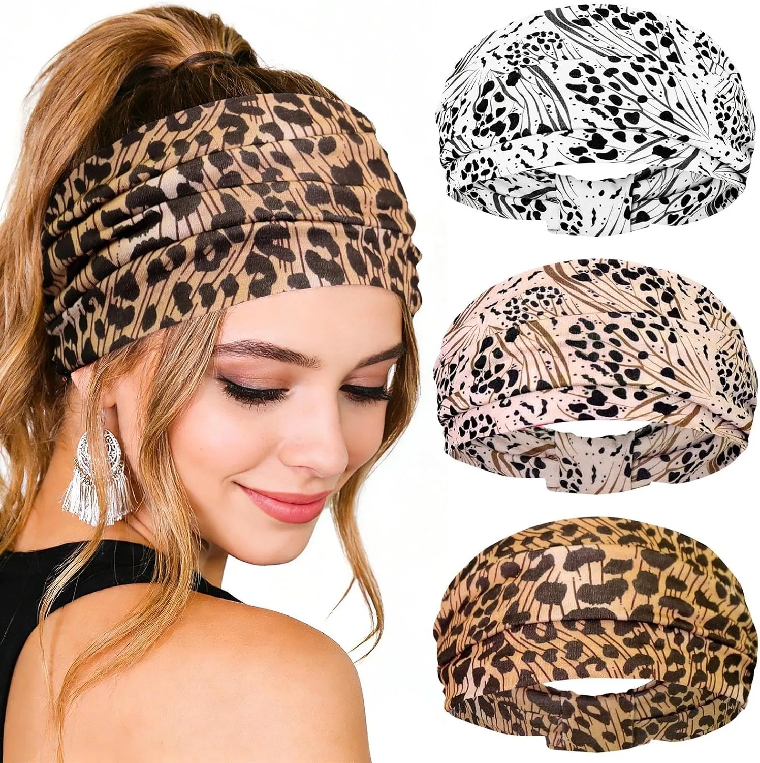 Blmhtwo 4pcs Cheetah Headband Wide Thick Leopard Headband