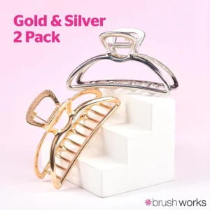 Brushworks Elegant Metal Claw Clips 2 Pack Gold And Silver Luxe Finish Hair Acce