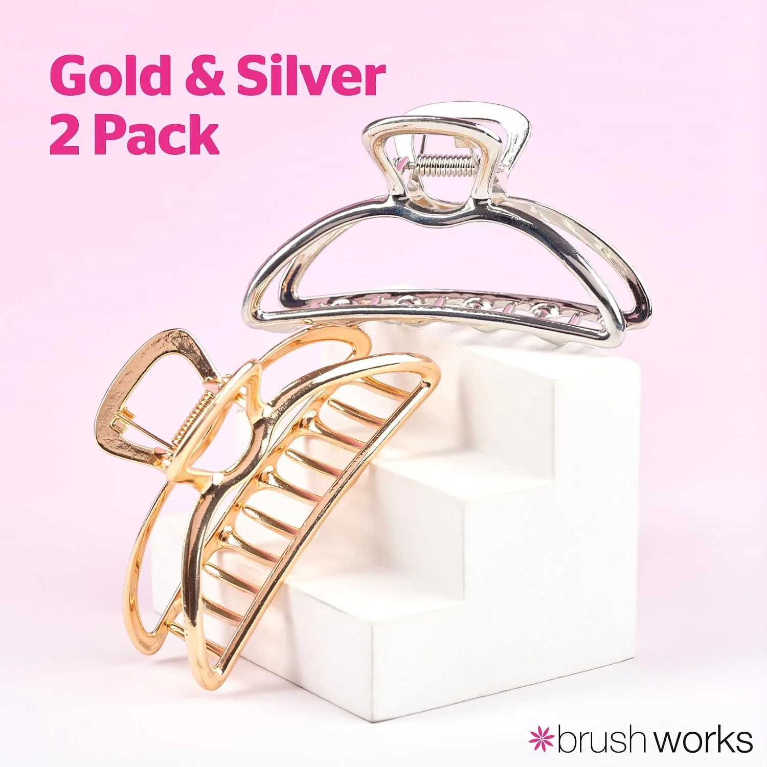 Brushworks Elegant Metal Claw Clips 2 Pack Gold And Silver Luxe Finish Hair Acce