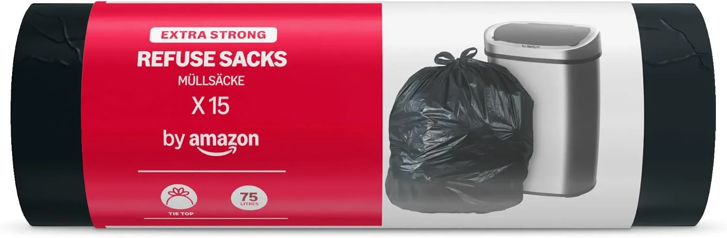 By Amazon Extra Strong Tie Handle Refuse Sacks 75 Litre 15 Count