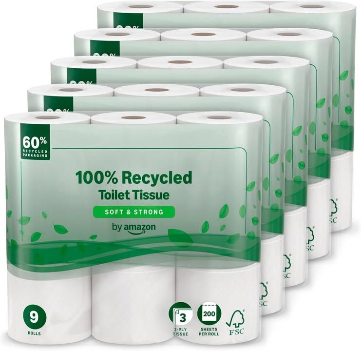 By Amazon Toilet Roll 3 Ply 100 Recycled Soft And Strong 45 Rolls 5 Packs Of 9 2