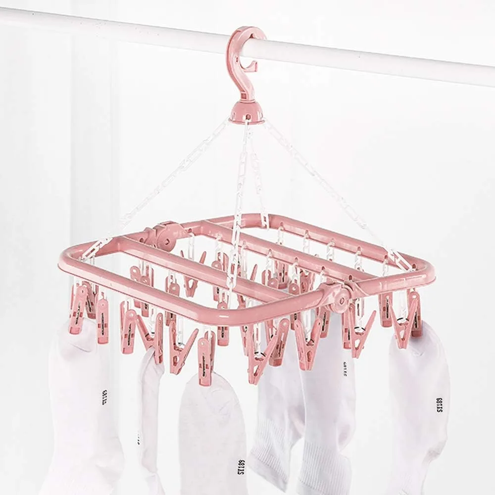 Clothes Drying Hanger With 32 Clips And Drip Foldable Hanging Rack Light Pink