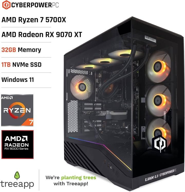 Cyberpowerpc Luxe Gaming PC Liquid Cooling 750w Psu Amd Rx 9070 Xt 1tb Nvme Ssd