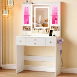 Dripex Dressing Table With Large Led Mirror And Lights 2 Display Cabinets