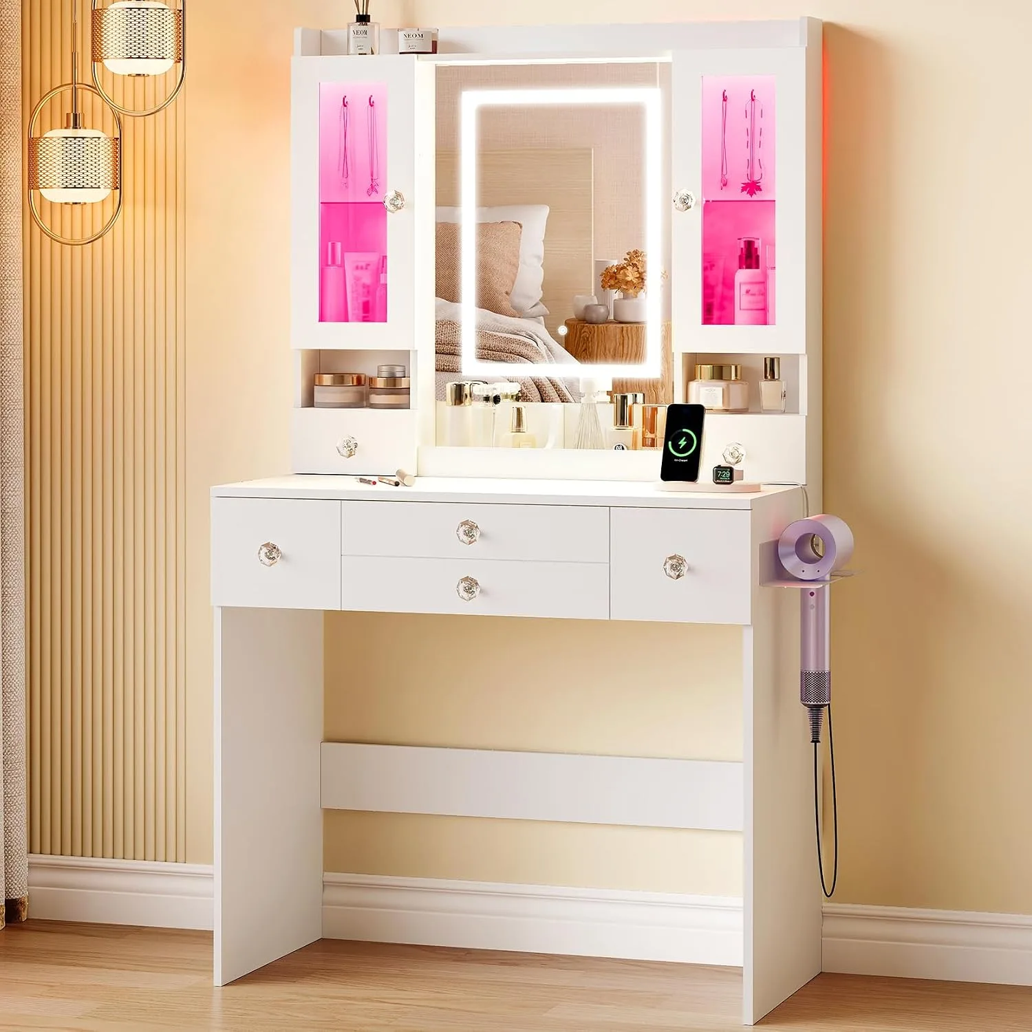 Dripex Dressing Table With Large Led Mirror And Lights 2 Display Cabinets