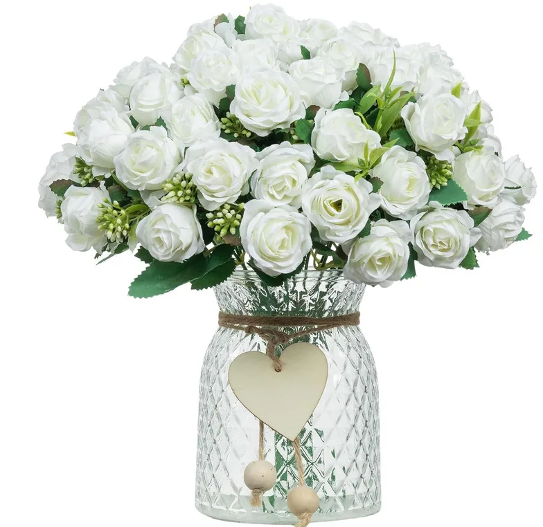 Duhouse 6 Pack Artificial Mini Rose Flower Bouquets White