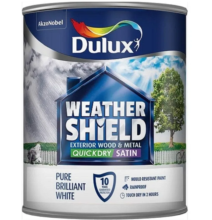 Dulux Weather Shield Quick Dry Satin Paint 750 Ml Pure Brilliant White Packaging