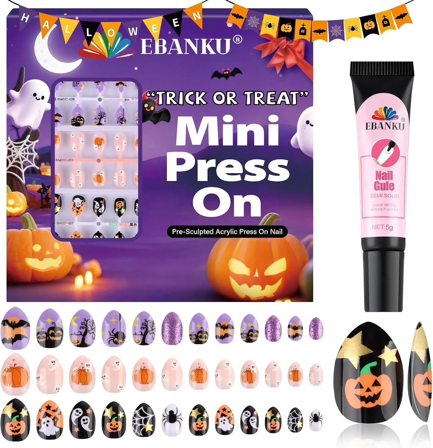 Ebanku Halloween Kid Press On Nails 72pcs Almond Fake Nails Kit