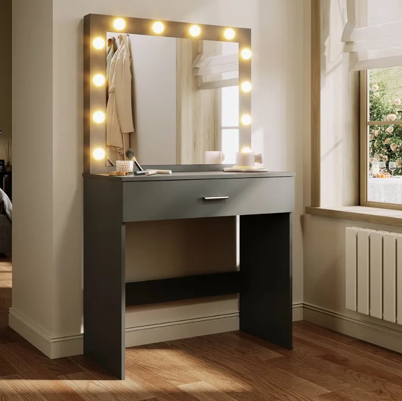 Elegant Black Dressing Table With Led Mirror Lights 3 Modes 40x80x140cm