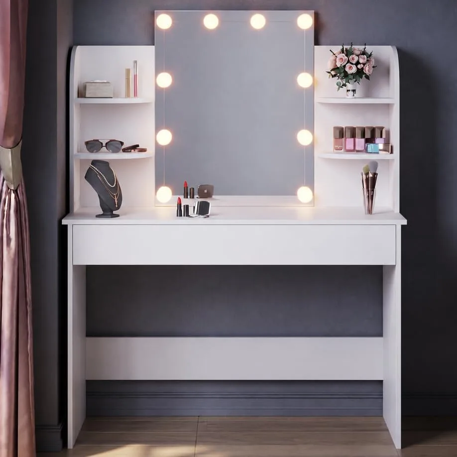 Elegant White Dressing Table With Hollywood Led Mirror 108x40x139cm