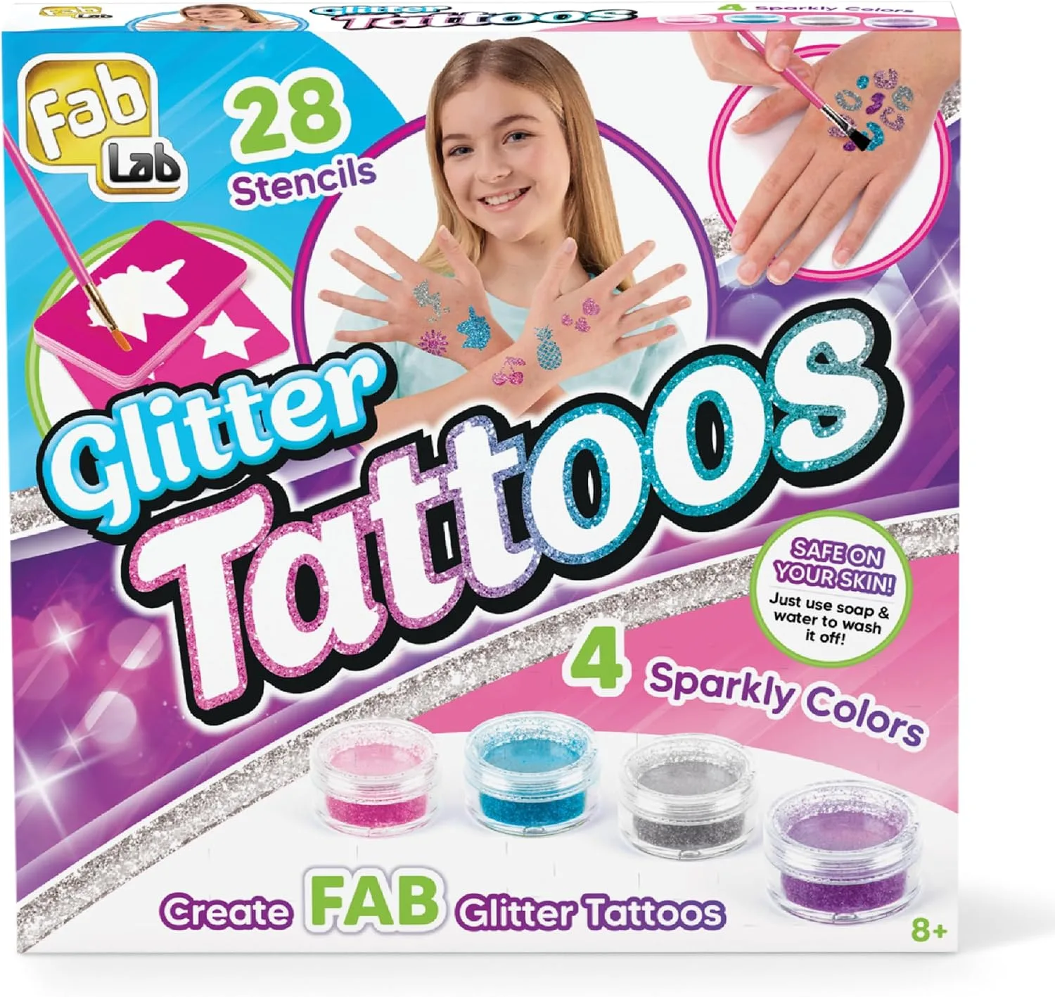 Fablab Glitter Tattoos Kit With 28 Stencils And Bio Glitter