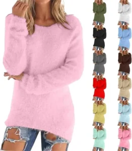Fluffy Jumpers For Women UK Fleece Tunic Long Sleeve Knit