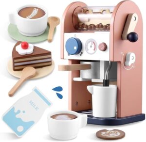 Gagaku Wooden Coffee Machine Toy With Grinder 15 PCs Wood Play Kitchen Accessori