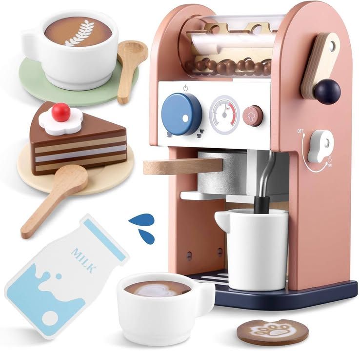 Gagaku Wooden Coffee Machine Toy With Grinder 15 PCs Wood Play Kitchen Accessori