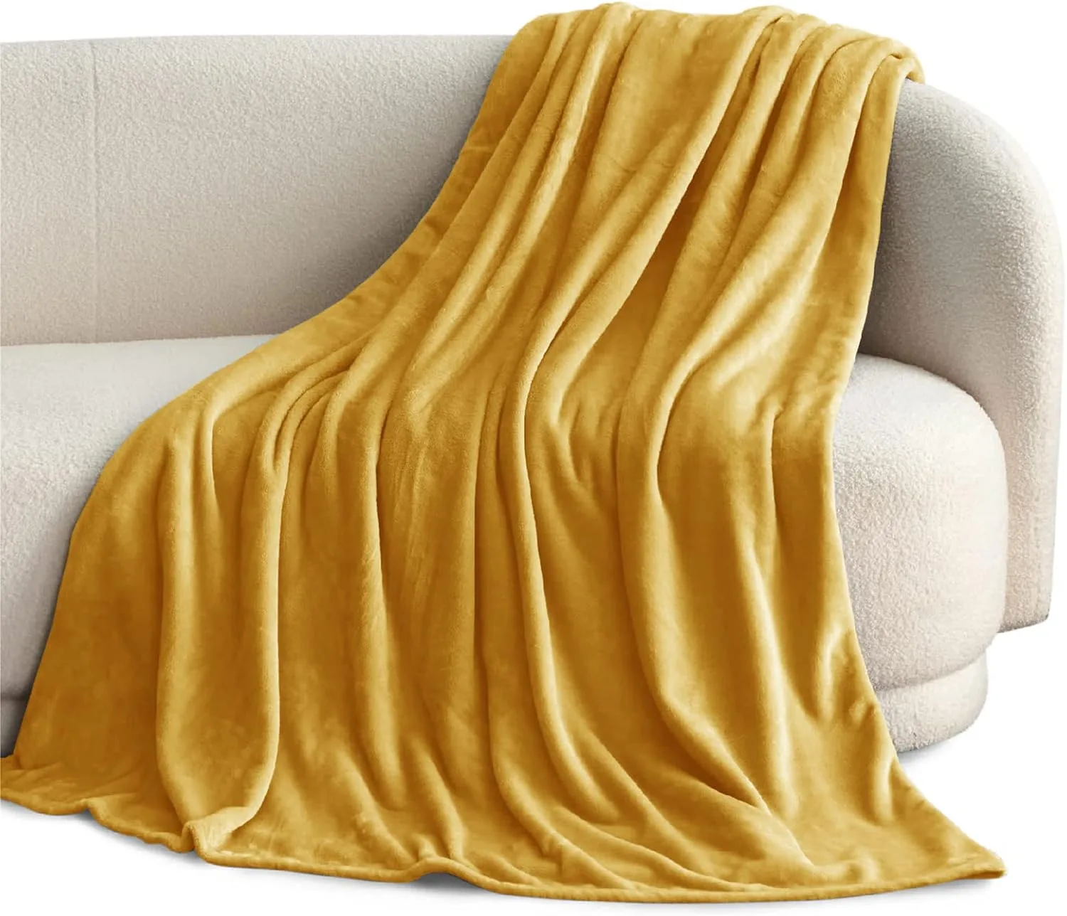 Hafaa Fleece Blanket Sofa Throws For Sofas Mustard Yellow Single 130x150cm