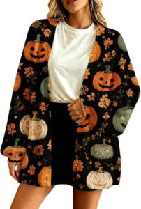 Halloween Knit Cardigans For Women Pumpkin Print Long Sleeve