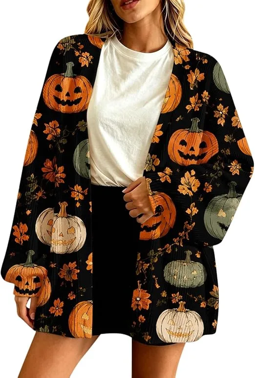 Halloween Knit Cardigans For Women Pumpkin Print Long Sleeve