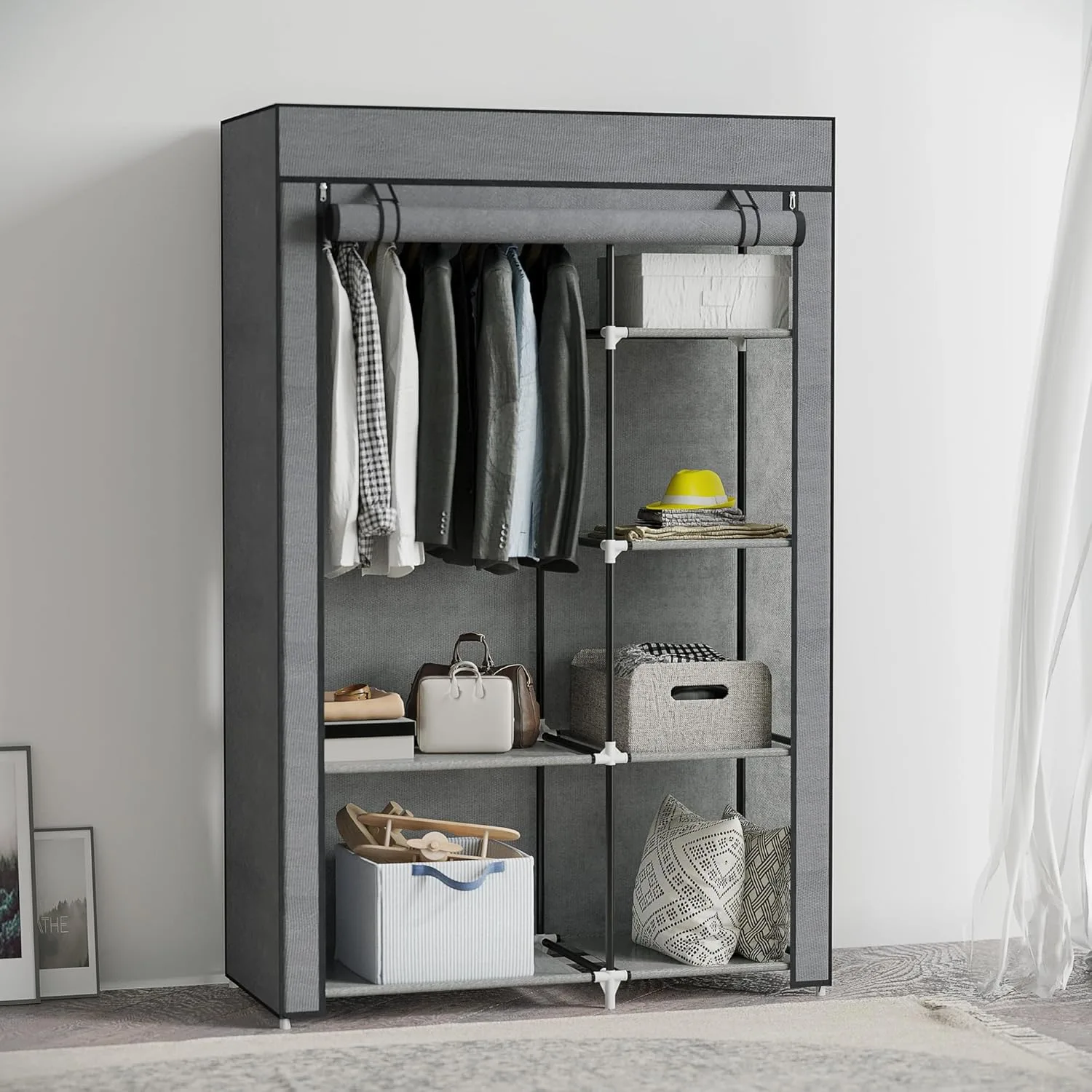 Homcom Fabric Wardrobe Portable Wardrobe With 6 Shelves 1 Hanging Rail Foldable