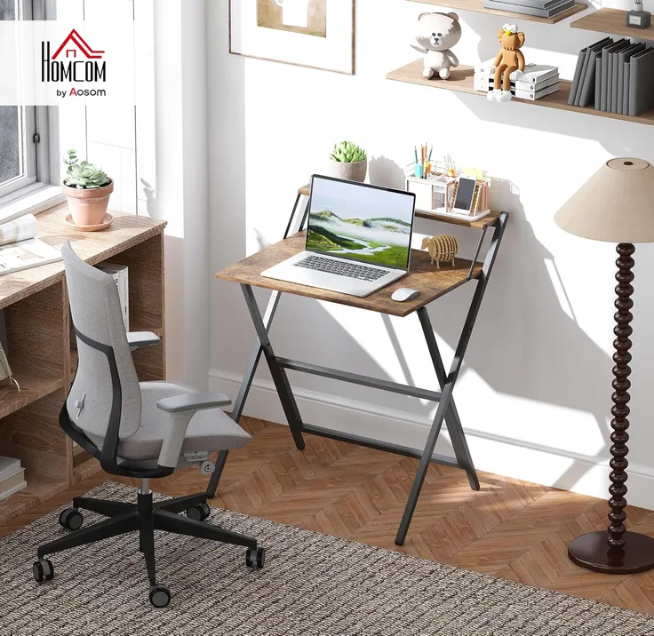 Homcom Folding Desk With Monitor Shelf Foldable 70 Cm Rustic Brown