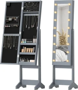 Homcom Freestanding Mirror Jewelry Cabinet With Led Lights Grey