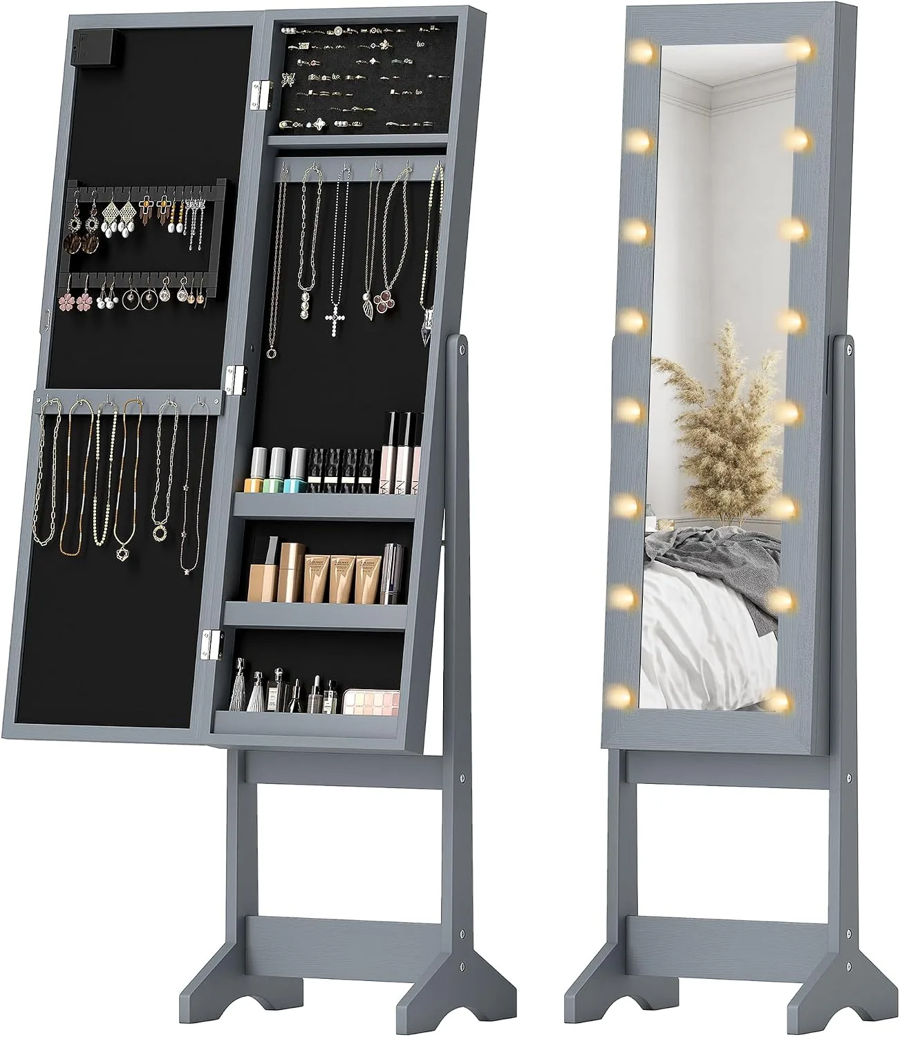 Homcom Freestanding Mirror Jewelry Cabinet With Led Lights Grey