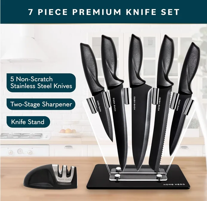 Home Hero 7 PCs Black Stainless Steel Kitchen Knife Set
