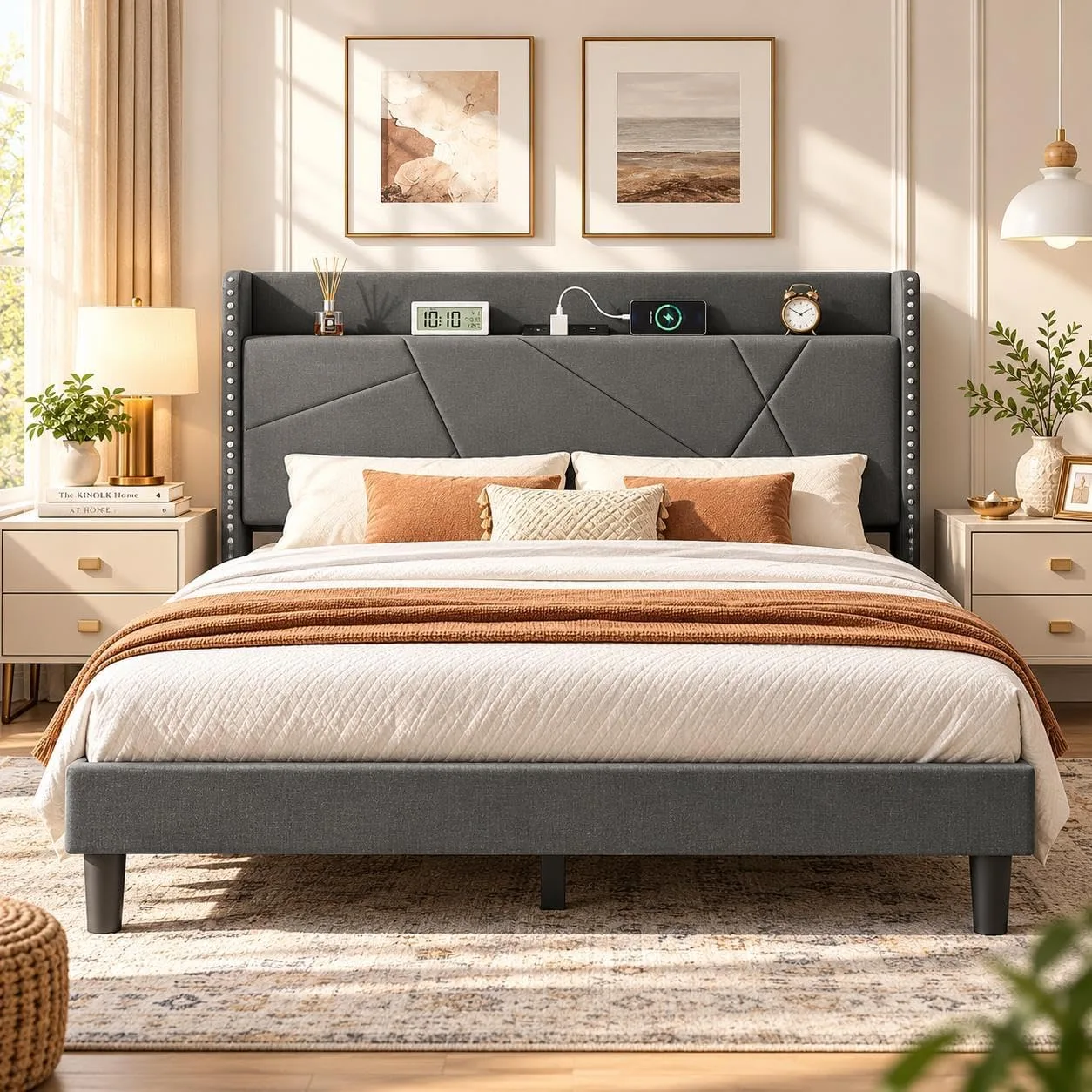Ironck 4ft6 Double Bed Frame With Charging Station Bed Frame Double With Upholst