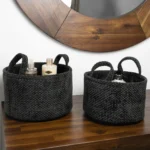 JVL Metro Set of 2 Round Storage Baskets with Handles, Home Tidy Solutions, Black