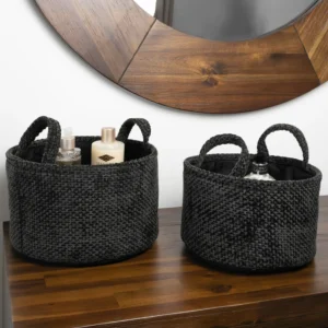Jvl Metro Set Of 2 Round Storage Baskets With Handles Home Tidy Solutions Black